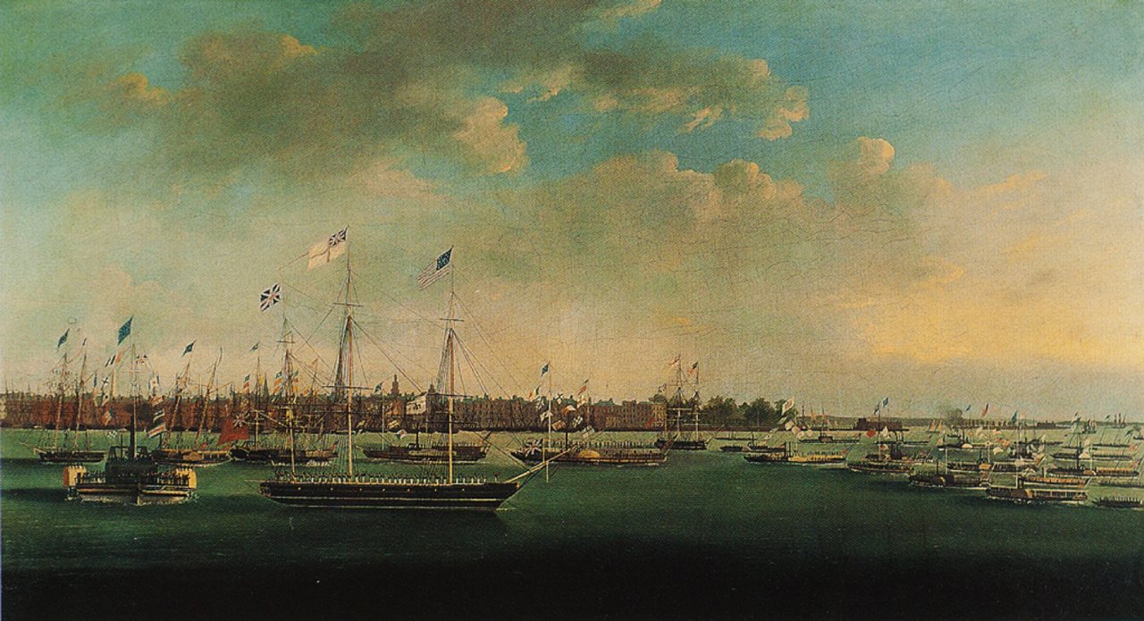 Oil painting of New York harbor crowded with flag-draped sailing ships and steamboats during the 1825 Erie Canal celebration