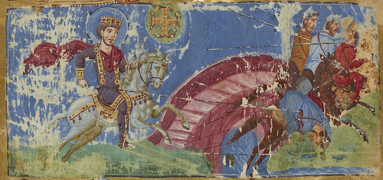 A ninth-century Byzantine manuscript painting of Constantine on horseback beneath a cross in the sky, with Maxentius's riders falling from a bridge. Bibliothèque nationale de France, public domain, via Wikimedia Commons